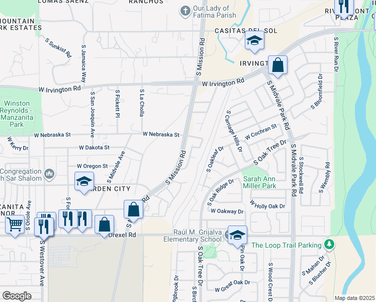 map of restaurants, bars, coffee shops, grocery stores, and more near 5370 South Via Tres Rios in Tucson