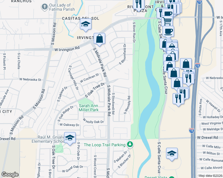 map of restaurants, bars, coffee shops, grocery stores, and more near 5394 South Stockwell Road in Tucson