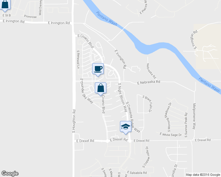 map of restaurants, bars, coffee shops, grocery stores, and more near 10541 East Eleanor Maldonado Place in Tucson