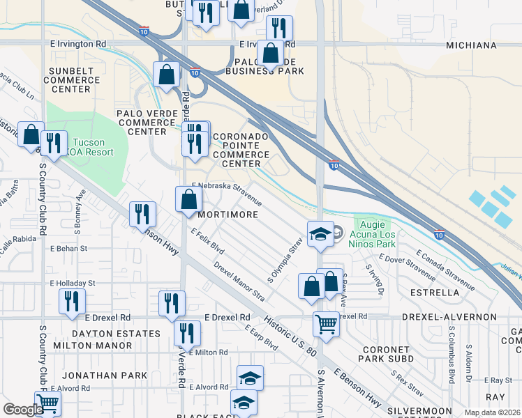 map of restaurants, bars, coffee shops, grocery stores, and more near 3713 East Dover Stravenue in Tucson