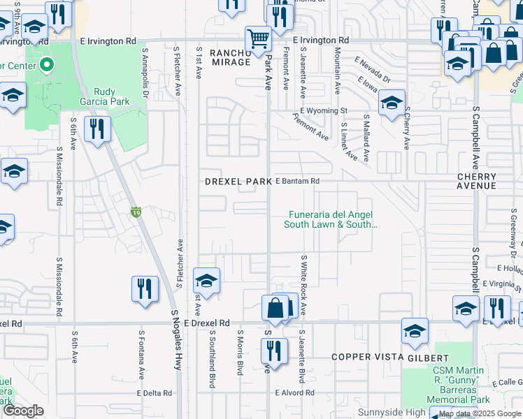 map of restaurants, bars, coffee shops, grocery stores, and more near 5401 South Park Avenue in Tucson