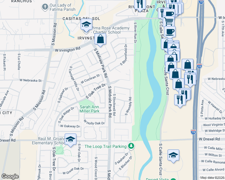map of restaurants, bars, coffee shops, grocery stores, and more near 5394 South Stockwell Road in Tucson