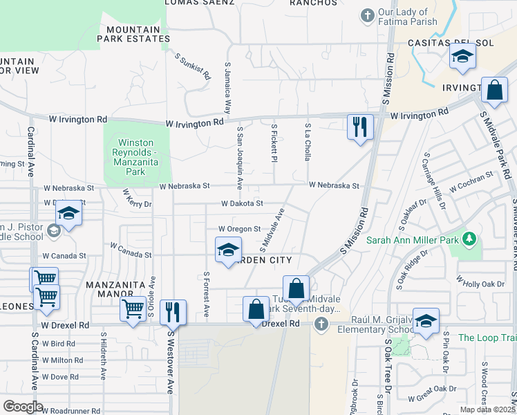 map of restaurants, bars, coffee shops, grocery stores, and more near 2240 West Oregon Street in Tucson