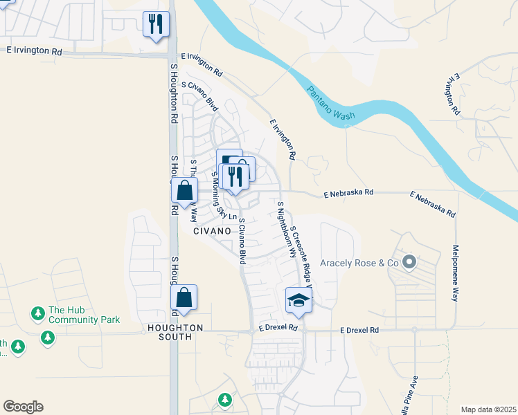 map of restaurants, bars, coffee shops, grocery stores, and more near 10541 East Eleanor Maldonado Place in Tucson