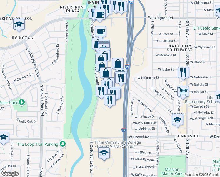 map of restaurants, bars, coffee shops, grocery stores, and more near 5265 South Calle Santa Cruz in Tucson