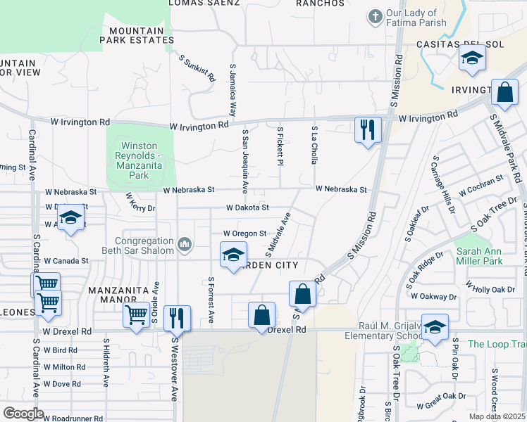 map of restaurants, bars, coffee shops, grocery stores, and more near 2245 West Dakota Street in Tucson