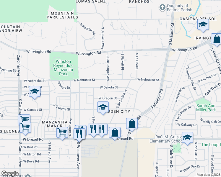 map of restaurants, bars, coffee shops, grocery stores, and more near 2275 West Dakota Street in Tucson