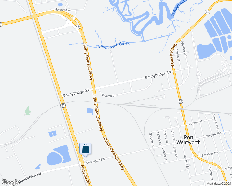 map of restaurants, bars, coffee shops, grocery stores, and more near 43 Warren Drive in Port Wentworth