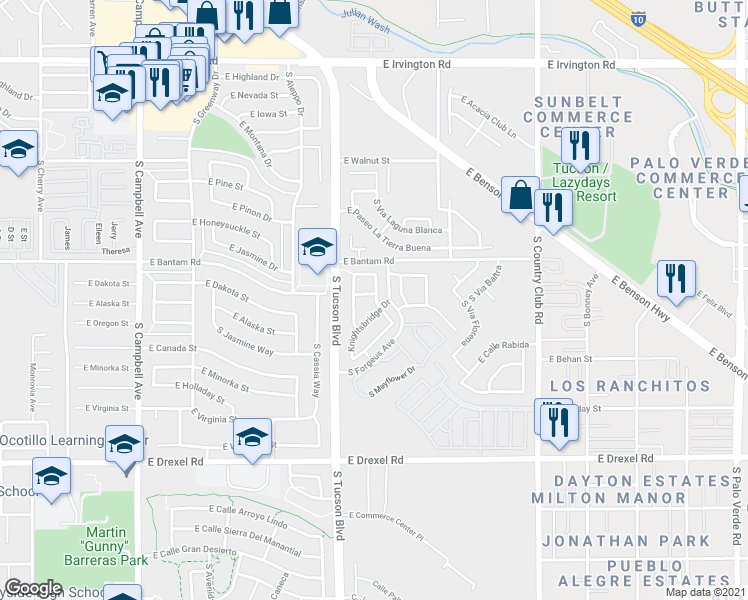map of restaurants, bars, coffee shops, grocery stores, and more near 2604 East Windsor Castle Lane in Tucson