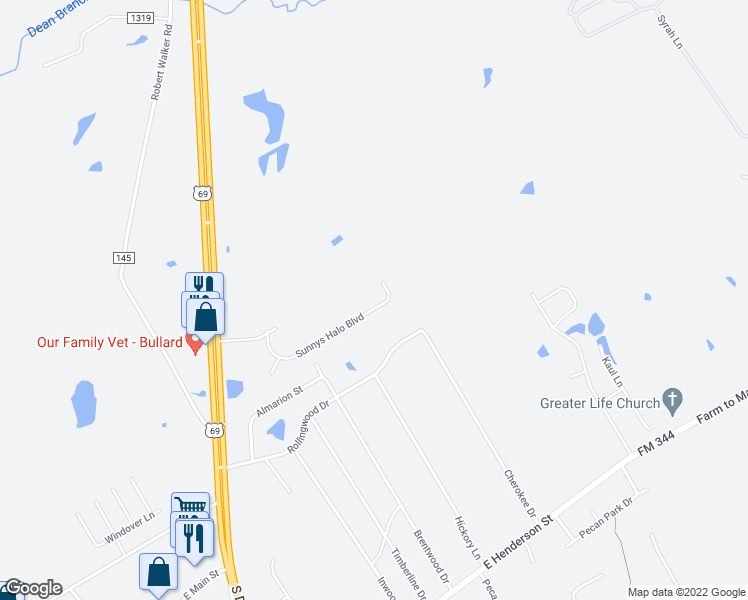 map of restaurants, bars, coffee shops, grocery stores, and more near 228 Sunnys Halo Boulevard in Bullard