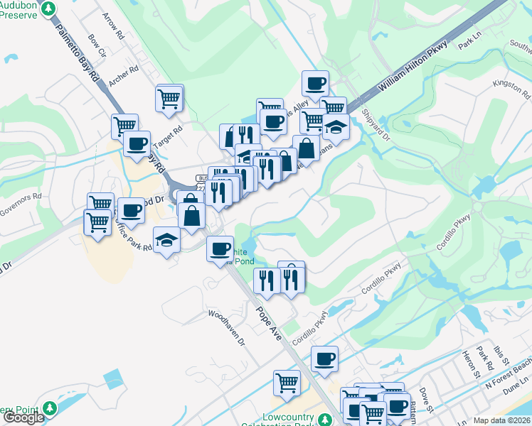 map of restaurants, bars, coffee shops, grocery stores, and more near 86 Gloucester Road in Hilton Head Island