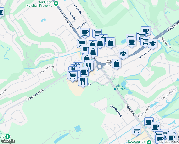 map of restaurants, bars, coffee shops, grocery stores, and more near 7D Greenwood Drive in Hilton Head Island