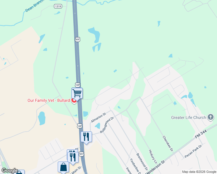 map of restaurants, bars, coffee shops, grocery stores, and more near 216 Sunnys Halo Boulevard in Bullard