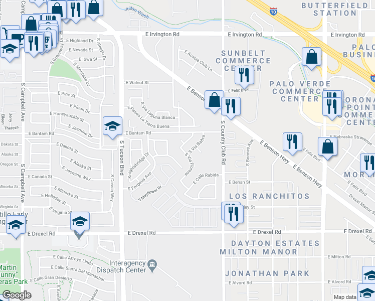map of restaurants, bars, coffee shops, grocery stores, and more near 5384 South Via Baltra in Tucson