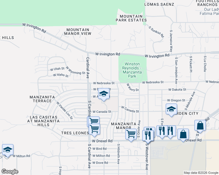 map of restaurants, bars, coffee shops, grocery stores, and more near 2721 West Nebraska Street in Tucson