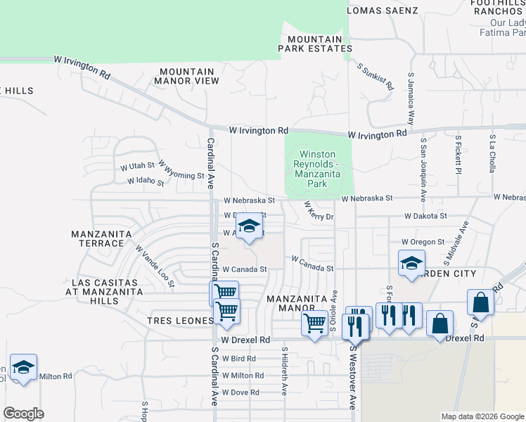 map of restaurants, bars, coffee shops, grocery stores, and more near 2742 West Dakota Street in Tucson