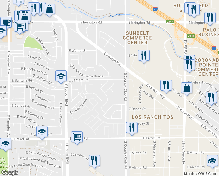 map of restaurants, bars, coffee shops, grocery stores, and more near South Via Baltra in Tucson