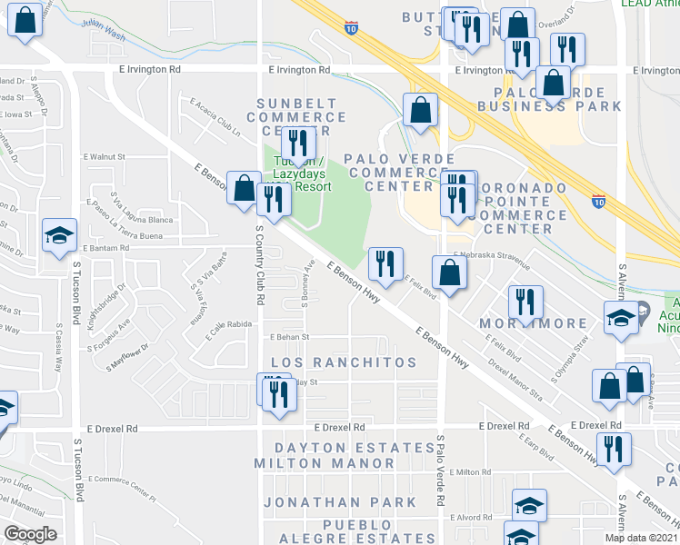 map of restaurants, bars, coffee shops, grocery stores, and more near 3315 East Benson Highway in Tucson