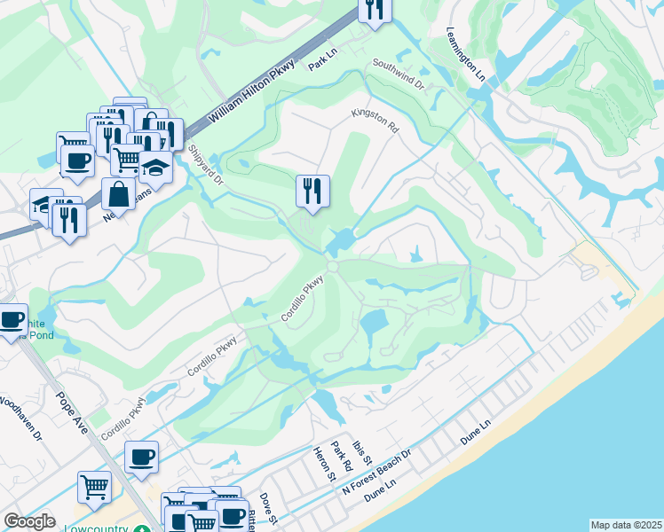map of restaurants, bars, coffee shops, grocery stores, and more near 70 Shipyard Drive in Hilton Head Island