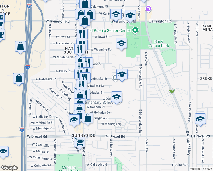 map of restaurants, bars, coffee shops, grocery stores, and more near 330 West Dakota Street in Tucson