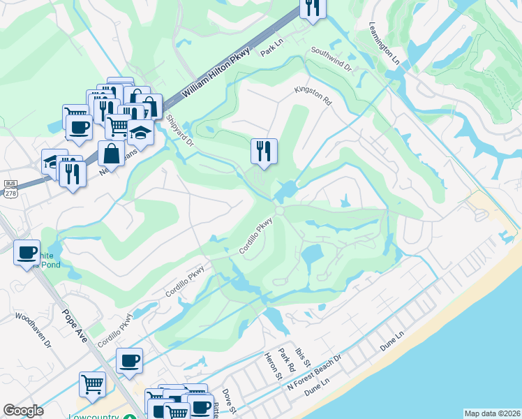 map of restaurants, bars, coffee shops, grocery stores, and more near 31 Cordillo Parkway in Hilton Head Island