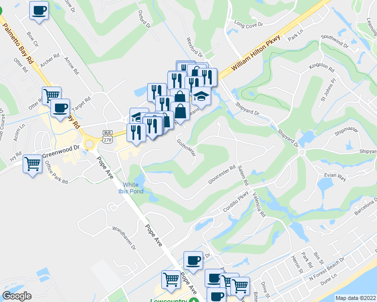 map of restaurants, bars, coffee shops, grocery stores, and more near 101 Golfmaster in Hilton Head Island
