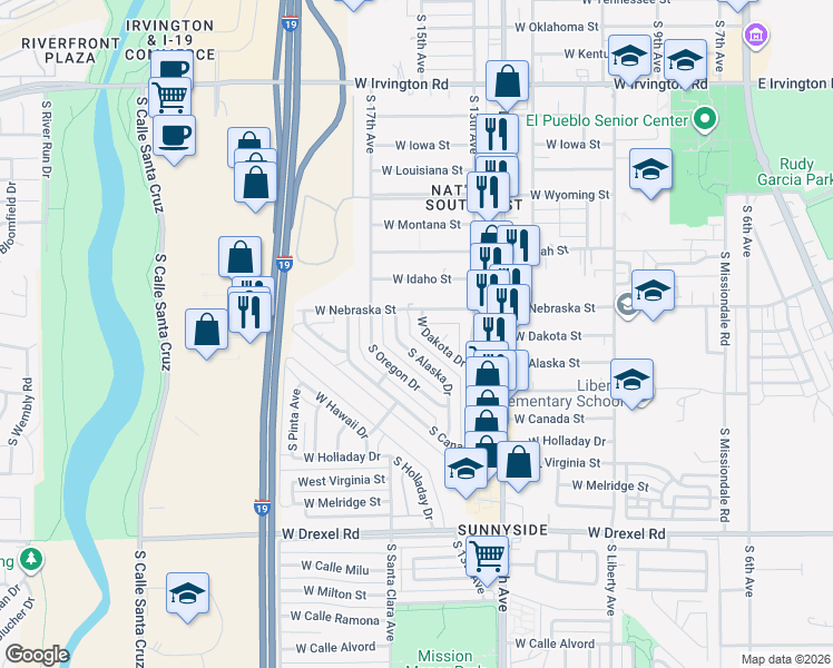 map of restaurants, bars, coffee shops, grocery stores, and more near 759 West Nebraska Street in Tucson