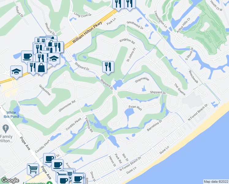 map of restaurants, bars, coffee shops, grocery stores, and more near 70 Shipyard Drive in Hilton Head Island