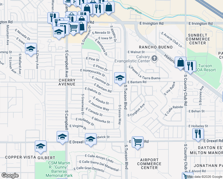 map of restaurants, bars, coffee shops, grocery stores, and more near 2324 East Jasmine Drive in Tucson