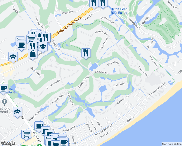 map of restaurants, bars, coffee shops, grocery stores, and more near 70 Shipyard Drive in Hilton Head Island