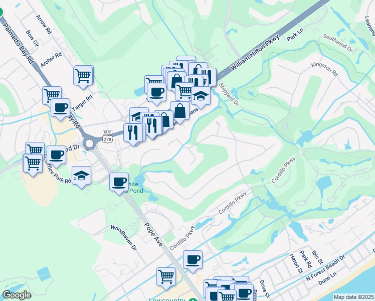 map of restaurants, bars, coffee shops, grocery stores, and more near 101 Golfmaster in Hilton Head Island