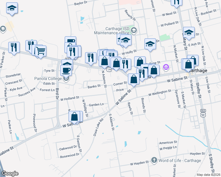 map of restaurants, bars, coffee shops, grocery stores, and more near 131 Hawthorne in Carthage