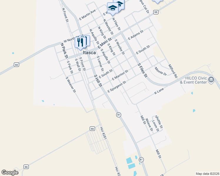 map of restaurants, bars, coffee shops, grocery stores, and more near 120 East Marrion Street in Itasca