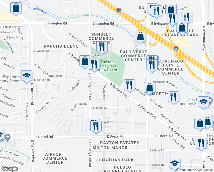 map of restaurants, bars, coffee shops, grocery stores, and more near 3210 East Benson Highway in Tucson