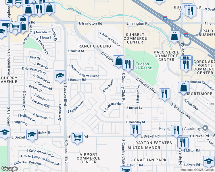 map of restaurants, bars, coffee shops, grocery stores, and more near 5325 South Via Baltra in Tucson