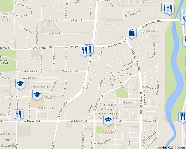 map of restaurants, bars, coffee shops, grocery stores, and more near 1929 West Calle Lado Al Rio in Tucson