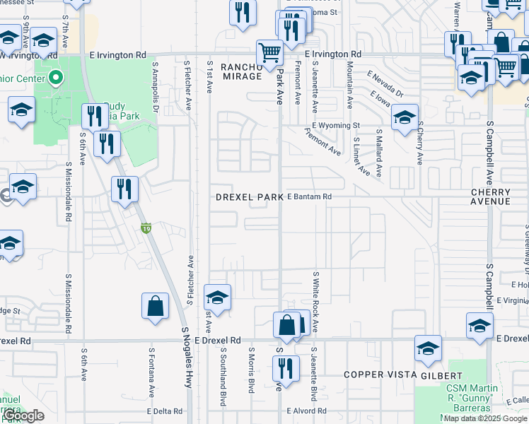 map of restaurants, bars, coffee shops, grocery stores, and more near 930 East Vuelta Suave in Tucson