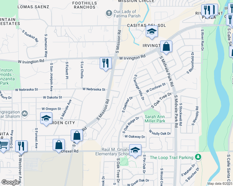 map of restaurants, bars, coffee shops, grocery stores, and more near 1929 West Calle Lado Al Rio in Tucson