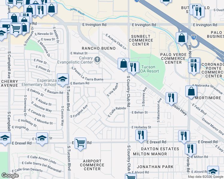 map of restaurants, bars, coffee shops, grocery stores, and more near 5325 South Via Baltra in Tucson
