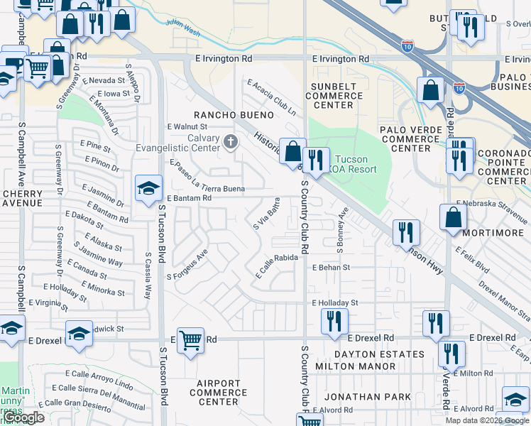 map of restaurants, bars, coffee shops, grocery stores, and more near 5325 South Via Baltra in Tucson
