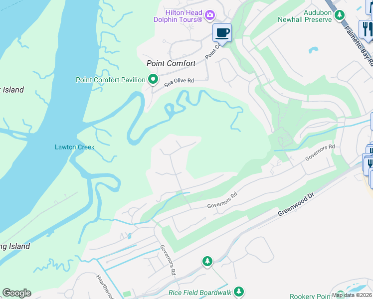 map of restaurants, bars, coffee shops, grocery stores, and more near 24 Long Marsh Lane in Hilton Head Island