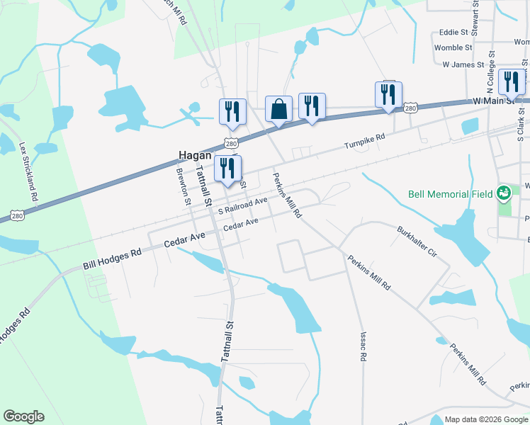 map of restaurants, bars, coffee shops, grocery stores, and more near 744 South Railroad Avenue in Claxton