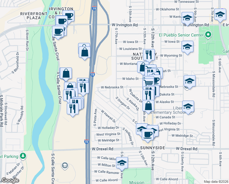 map of restaurants, bars, coffee shops, grocery stores, and more near 5314 South Canada Drive in Tucson