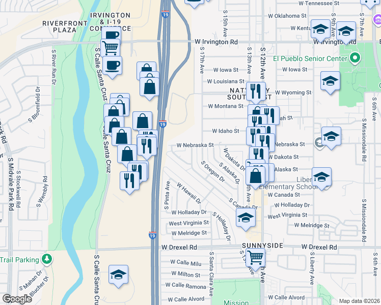 map of restaurants, bars, coffee shops, grocery stores, and more near 5314 South Canada Drive in Tucson