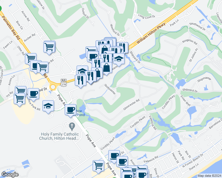 map of restaurants, bars, coffee shops, grocery stores, and more near 101 Golfmaster in Hilton Head Island
