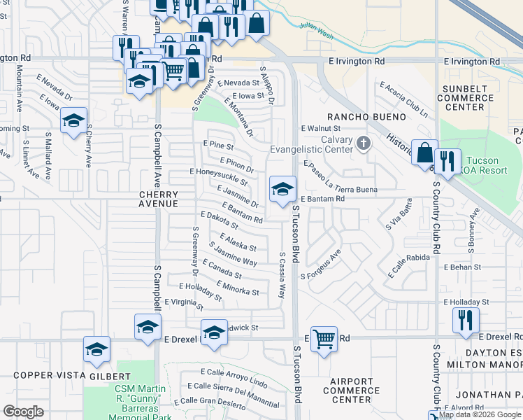 map of restaurants, bars, coffee shops, grocery stores, and more near 2324 East Jasmine Drive in Tucson