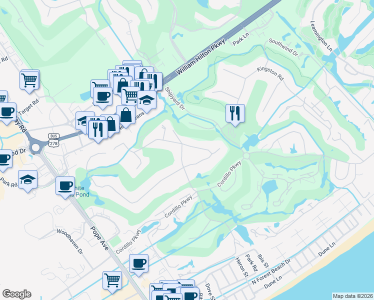 map of restaurants, bars, coffee shops, grocery stores, and more near 15 Gloucester Road in Hilton Head Island