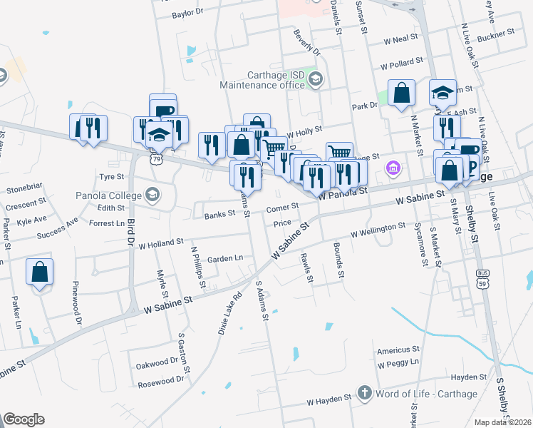 map of restaurants, bars, coffee shops, grocery stores, and more near 131 Hawthorne in Carthage
