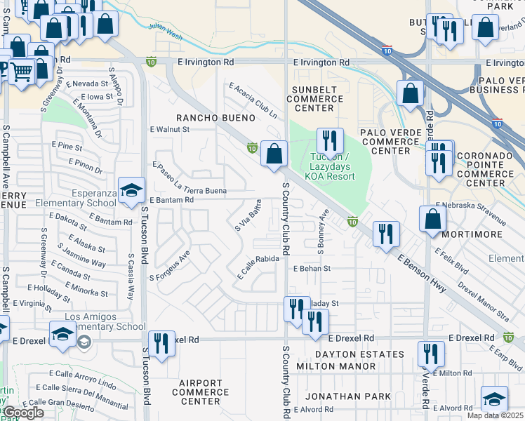 map of restaurants, bars, coffee shops, grocery stores, and more near 5325 S Via Baltra in Tucson