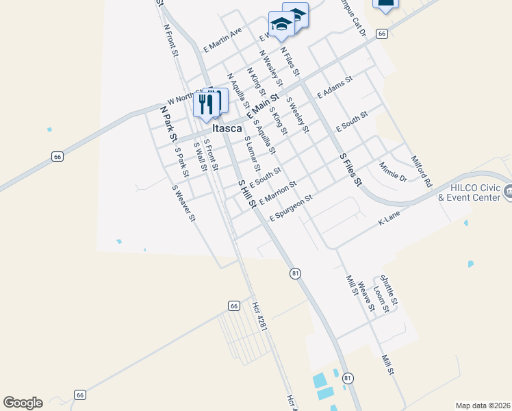 map of restaurants, bars, coffee shops, grocery stores, and more near 120 East Marrion Street in Itasca